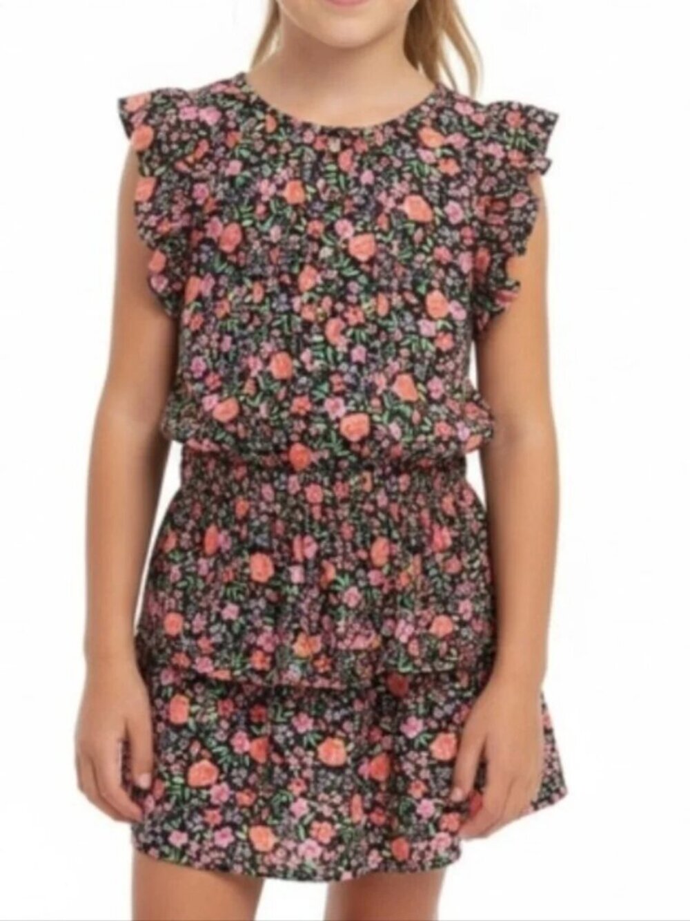 Lemon Kiss Floral Kids Skorts Set Pink Black Ruffled Matching Top Skirt Outfit